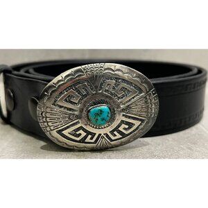 VTG Navajo Sterling Silver Turquoise Belt Buckle Black Leather Belt Signed JB